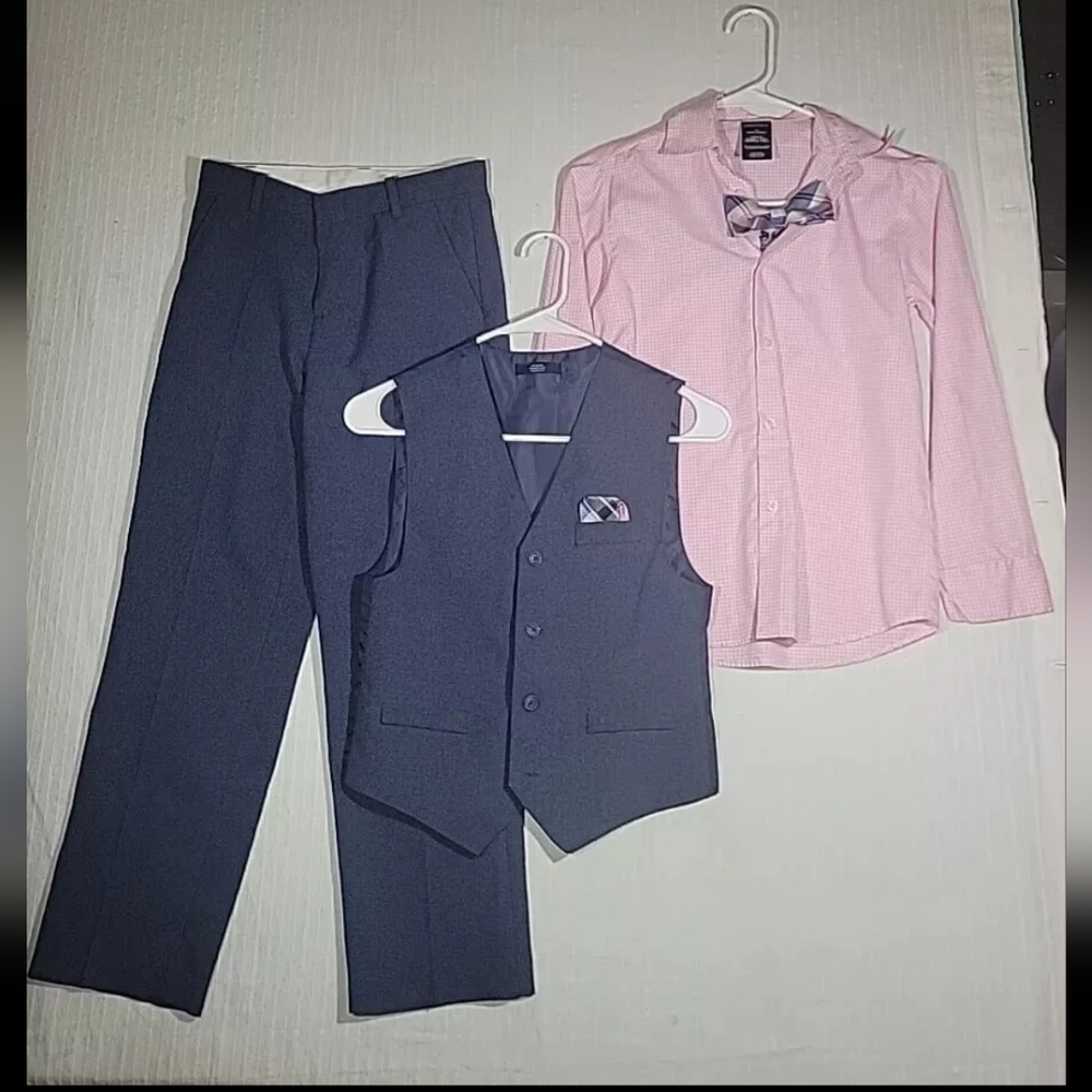 Nautica Boys 4 Piece Pink Plaid Top with Blue Vest & Pant, Bow Tie Set, Size 10